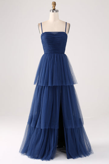A Line Spaghetti Straps Abito da ballo plissettato in tulle a più livelli con fessura